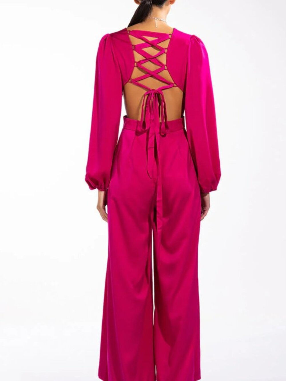 NWT AKIRA Hot Pink Satin Jumpsuit with Lace-Up Back Glam Wide Leg Statement - Picture 4 of 16